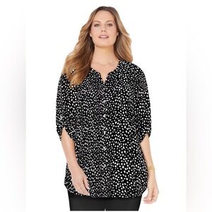 Catherine's Plus Breezeway Georgette Blouse Black White Dot Button 3X 4X 26/28